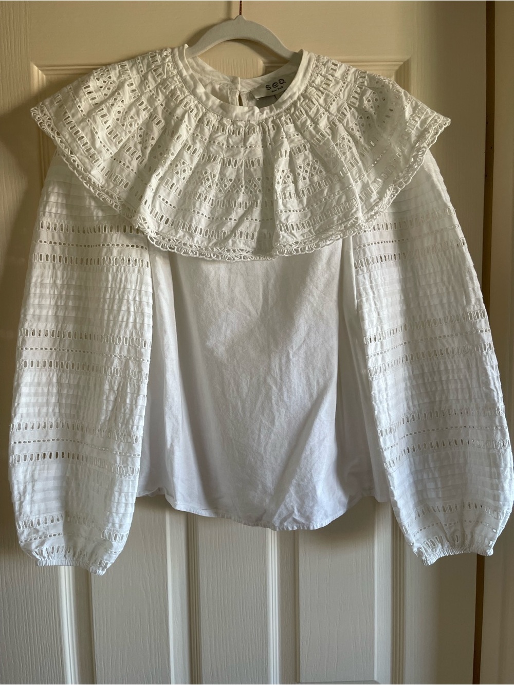 Sea NY White Cotton Eyelet Ruffle Blouse Sz S